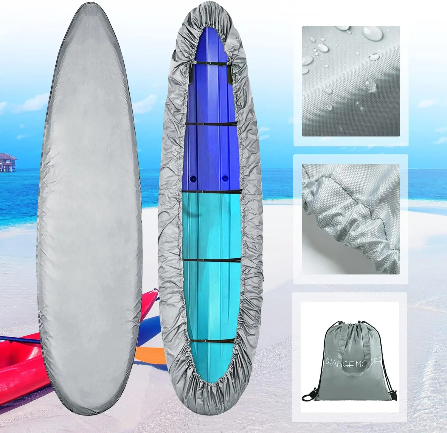 100% Waterproof Paddle Board Covers, Kayak Storage Cover with 5 Straps for Heavy Wind, Dust & UV Protection, Heavy Duty Kayak Cover 8 ft 9 ft for Fishing Boat Kayak Canoe Paddle Board 8-9.8 ft