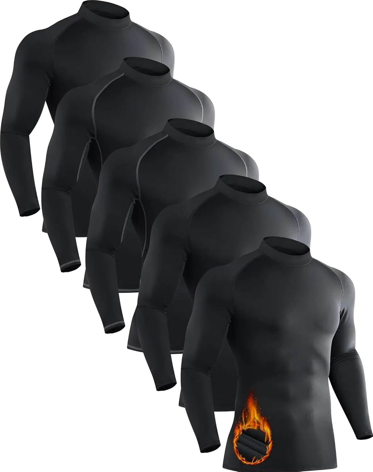 5 Pack Men's Thermal Turtle Mock Neck Shirts Long Sleeve Compression Fleece Lined Shirts Undershirt Base Layer Tops