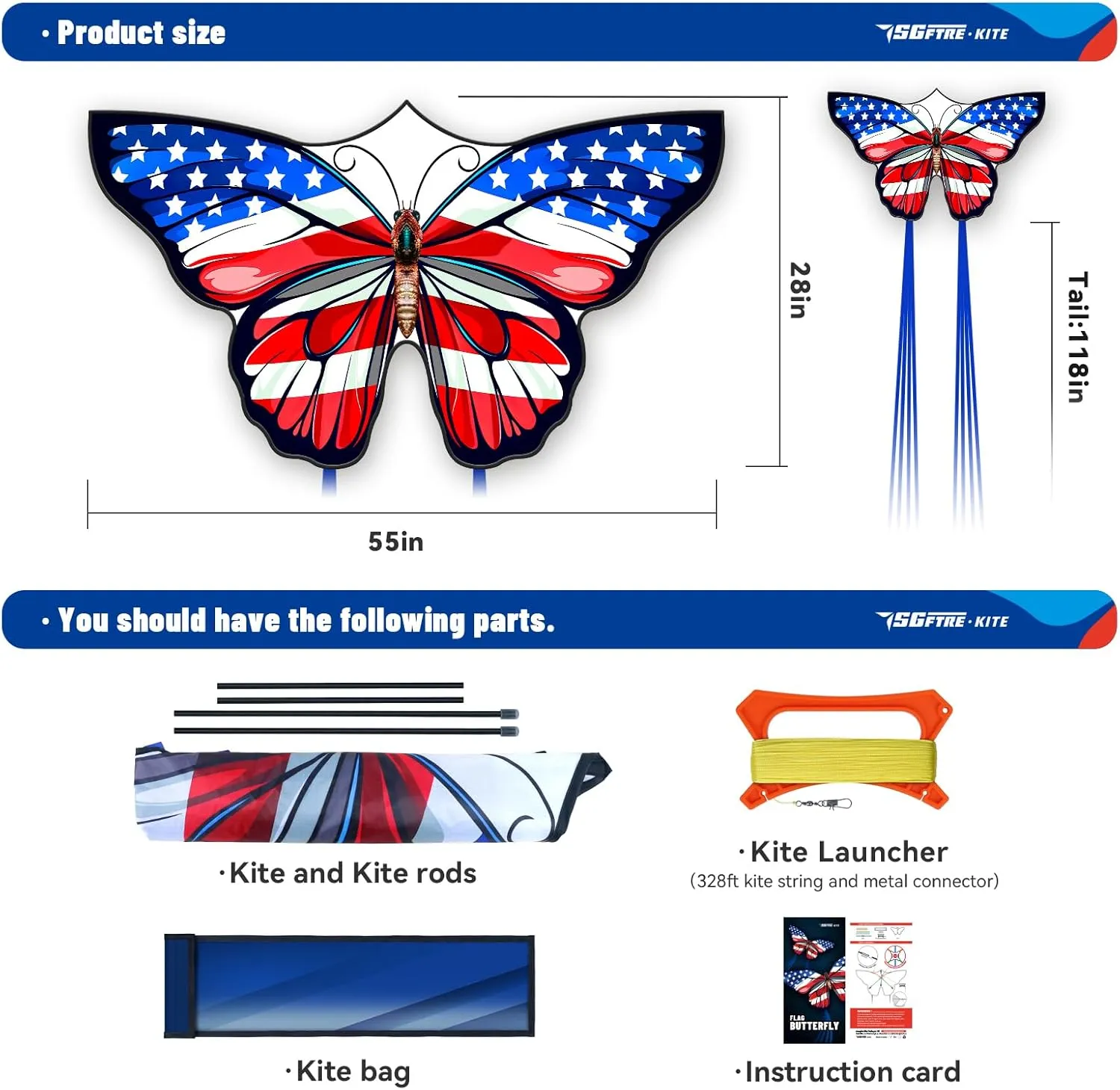American Flag Butterfly Kite for Kids & Adults,Extremely Easy to Fly for BeginnersOutdoor Fun Kite Present Summer Kites Butterfly for Kids Toy