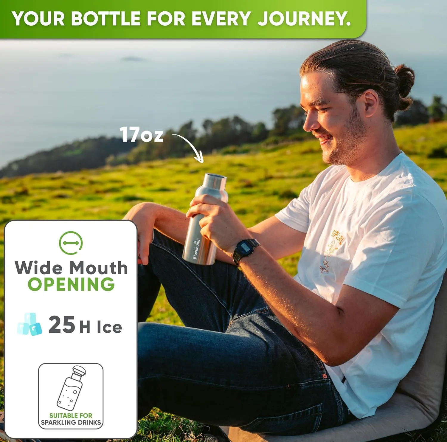 Blockhtte Vacuum Insulated Stainless Steel Water Bottle I 17 oz I Wide Mouth Metal Bottle for hot and cold drinks I BPA-Free I perfect for Travel, School I Kids, Adults, Water Canteen, Sports, flask