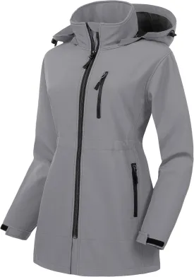 CREATMO US Women's Plus Size Long Softshell Jacket Waterproof Fleece Lined Rain Jacket Lightweight Windbreaker With Hood