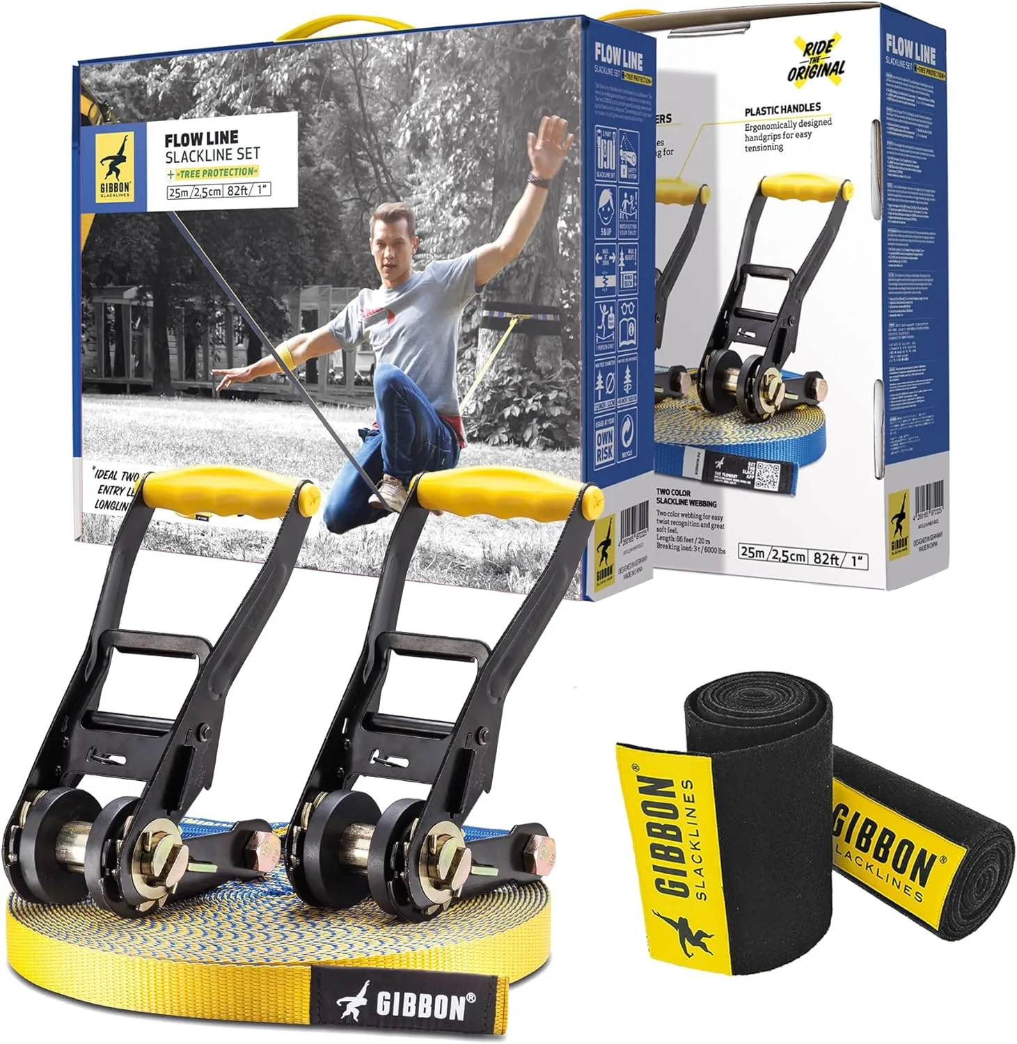 Gibbon Flowline Slackline with TreeWear - 82ft Slack Line - 74ft x 1 line & Two 8.5ft Ratchet Straps, Reinforced Loops, 2 Signature Ratchets