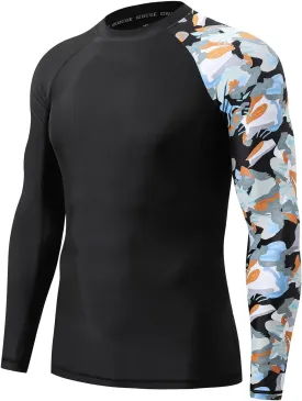 HUGE SPORTS Men's Rash Guard Long Sleeves UPF 50  UV Sun Protection Quick Drying Splice Compression Swim Shirts
