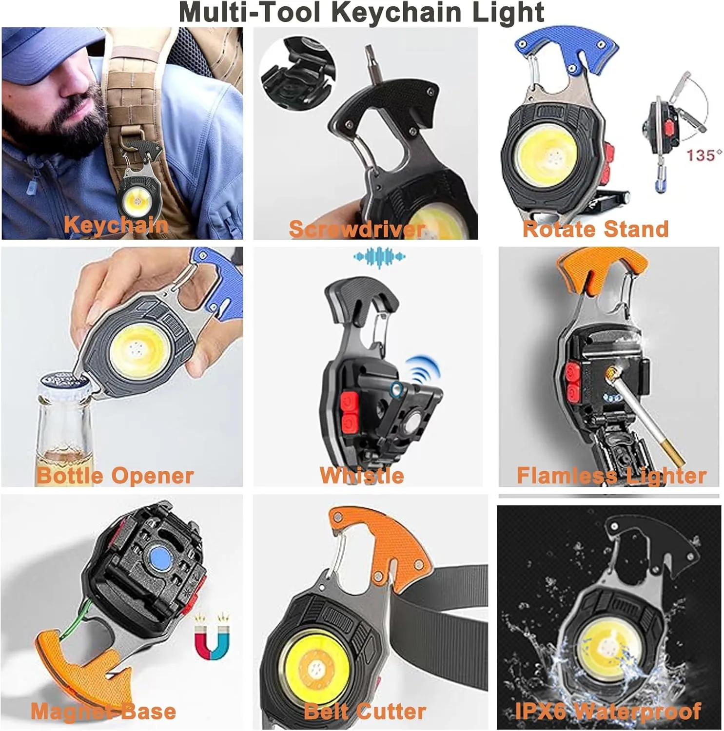 Keychain COB Flashlight, Multifunction LED Pocket Light, Rechargeable Emergency Light 800 Lumens, Magnetic Base Screwdriver Bottle Opener Water Resistant for Fishing Camping Hiking