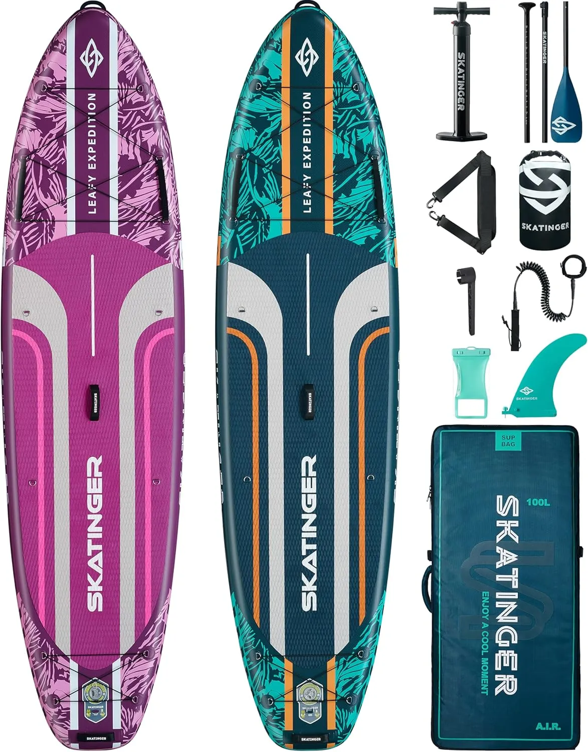 Leafy Green & Purple Bundle11'6"x35" Super Wide Inflatable Stand Up Paddle Boards, All Accessories2, 100L Backpack, Shoulder Strap, US Center fin, 2-Action Pump