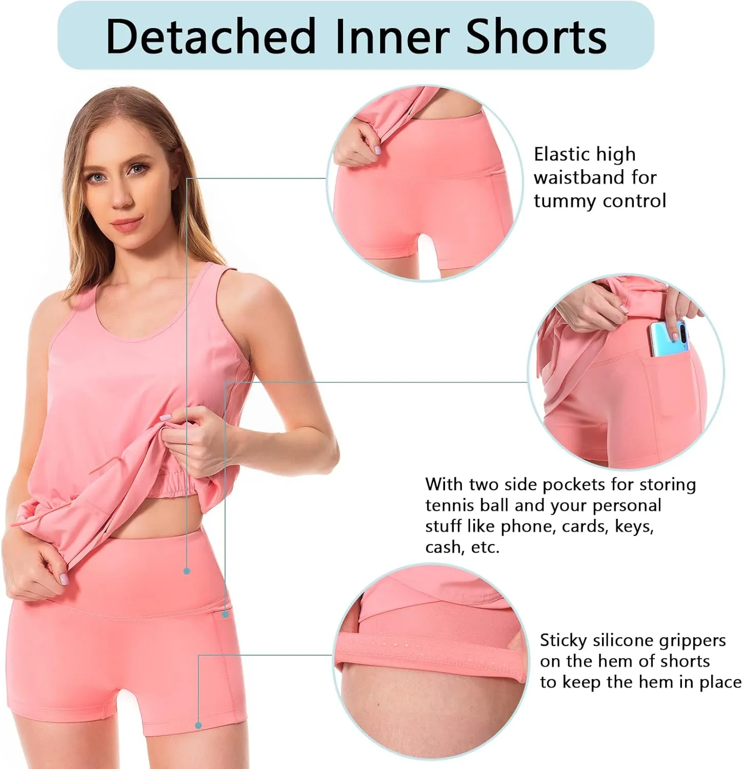 Lightbare Womens UPF 50  Tank Dress with Pockets Detachable Shorts Drawstring Waist Quick Dry for Hiking Camping Outdoors