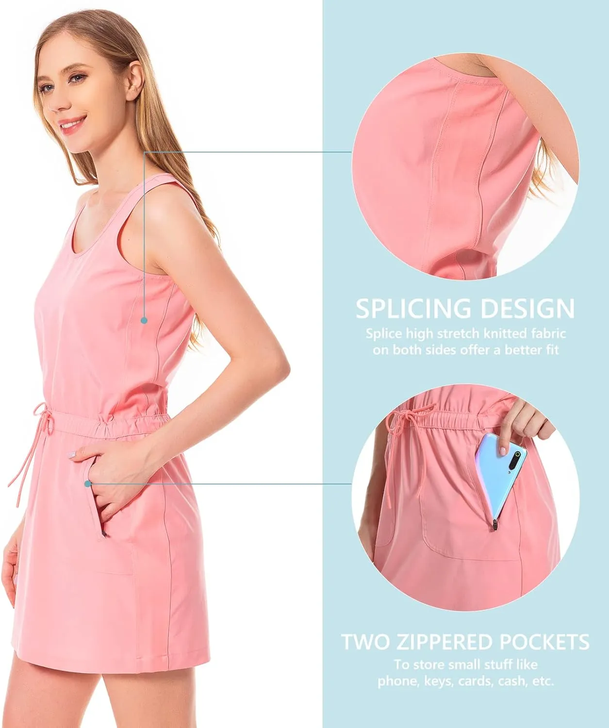 Lightbare Womens UPF 50  Tank Dress with Pockets Detachable Shorts Drawstring Waist Quick Dry for Hiking Camping Outdoors