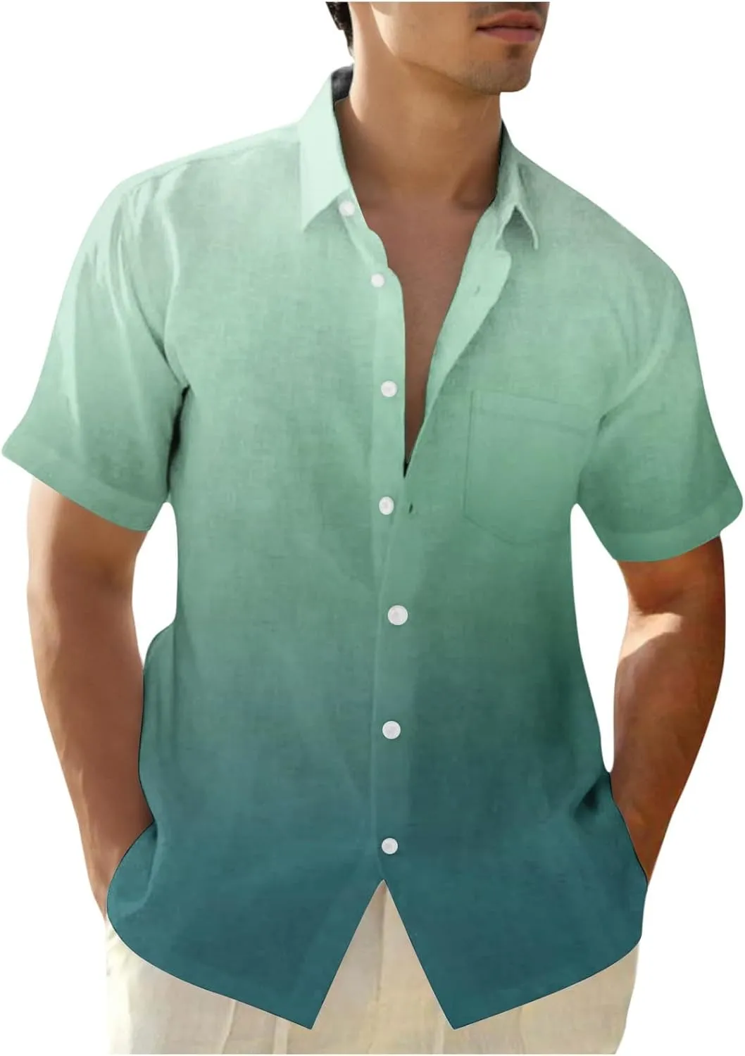 Men Summer Loose Shirts Casual Lapel Gradient T-shirts Short Sleeve Button Shirt Hawaiian Beach Tops for Men's