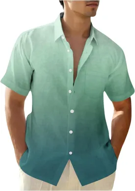 Men Summer Loose Shirts Casual Lapel Gradient T-shirts Short Sleeve Button Shirt Hawaiian Beach Tops for Men's