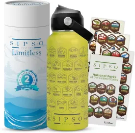 National park water bottle with stickers- Laser-Engraved logos, 32 oz Cool Gifts for Hikers, Featuring Iconic USA National Park Landmarks Outdoor Gift (Yellow)