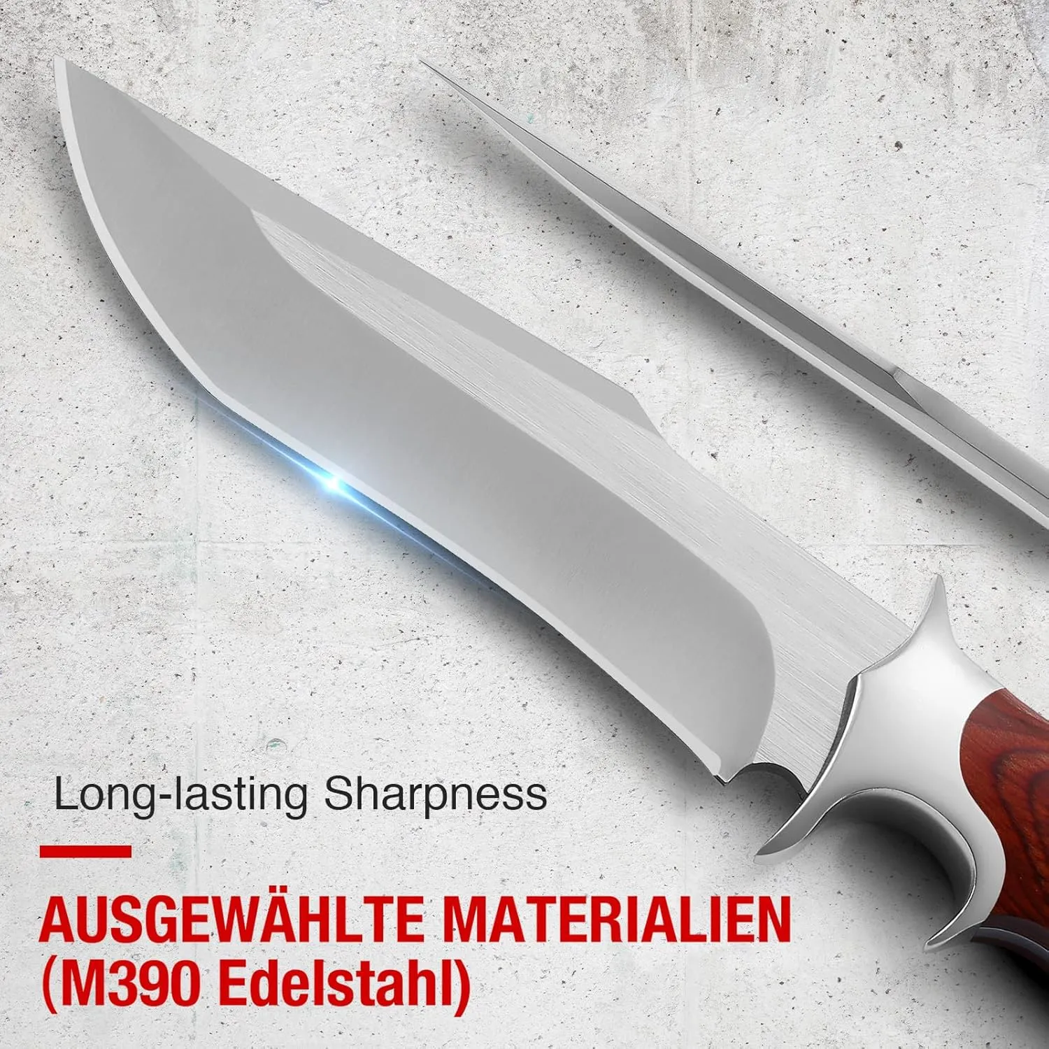 Omesio Fixed Blade Knife with Sheath, Survival Knife M390 Steel, Fulltang 601 HRC, EDC Fixed Blade Hunting Knives, Knives for Men, Wood Handle