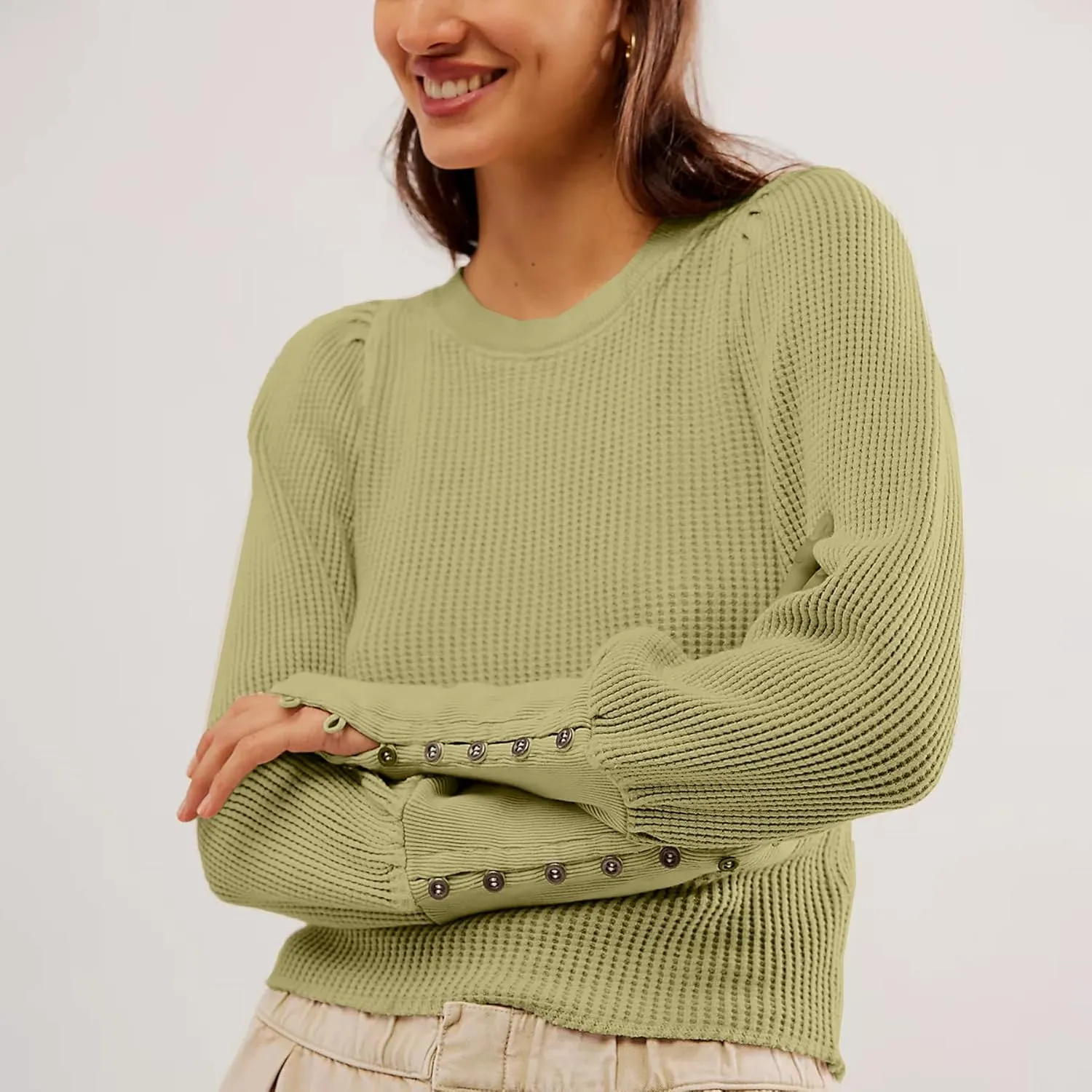 Women's Waffle Knit Puff Long Sleeve Tops Crew Neck Sweatshirt Casual Pullover Thermal Top
