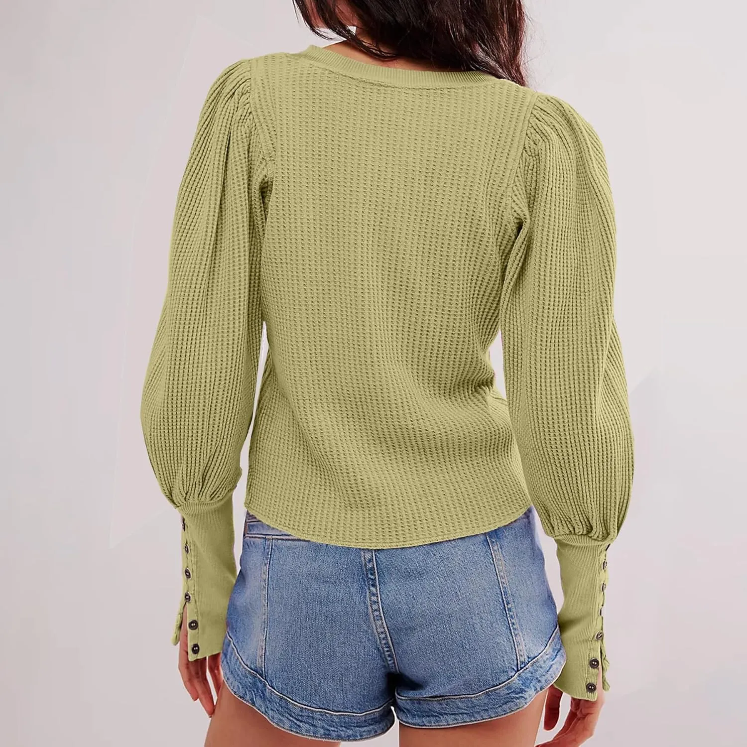 Women's Waffle Knit Puff Long Sleeve Tops Crew Neck Sweatshirt Casual Pullover Thermal Top