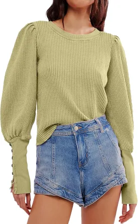 Women's Waffle Knit Puff Long Sleeve Tops Crew Neck Sweatshirt Casual Pullover Thermal Top