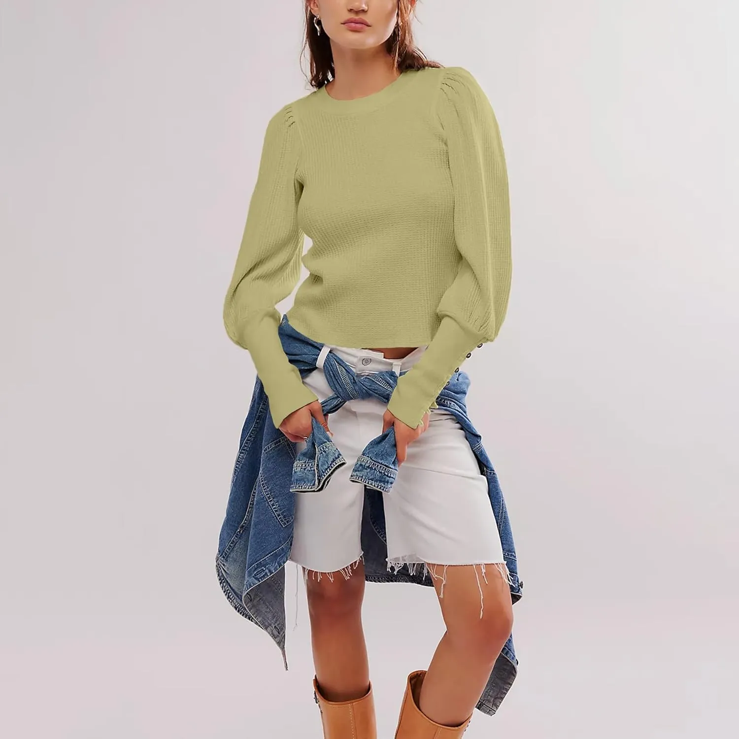 Women's Waffle Knit Puff Long Sleeve Tops Crew Neck Sweatshirt Casual Pullover Thermal Top