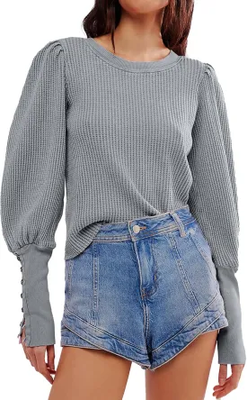 Women's Waffle Knit Puff Long Sleeve Tops Crew Neck Sweatshirt Casual Pullover Thermal Top