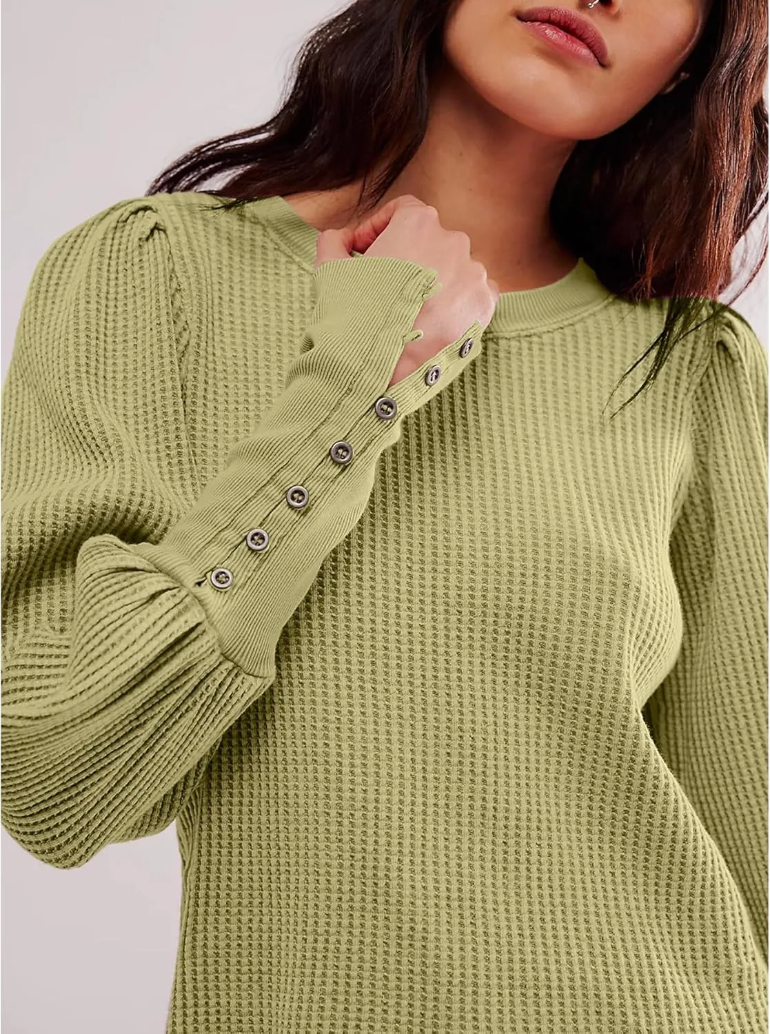 Women's Waffle Knit Puff Long Sleeve Tops Crew Neck Sweatshirt Casual Pullover Thermal Top