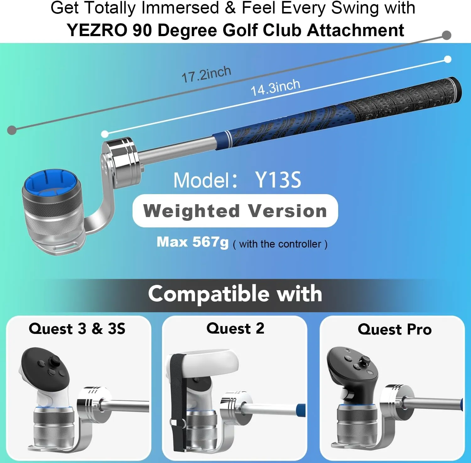 YEZRO Golf Club Attachment for Meta Quest 3S/3 - Adjustable Weighted Aluminum VR Golf Club Handle Accessories for Golf   with Real Grip, 90 Degree Design Keep Tracking | 2024 Upgrade Screws (Weighed)