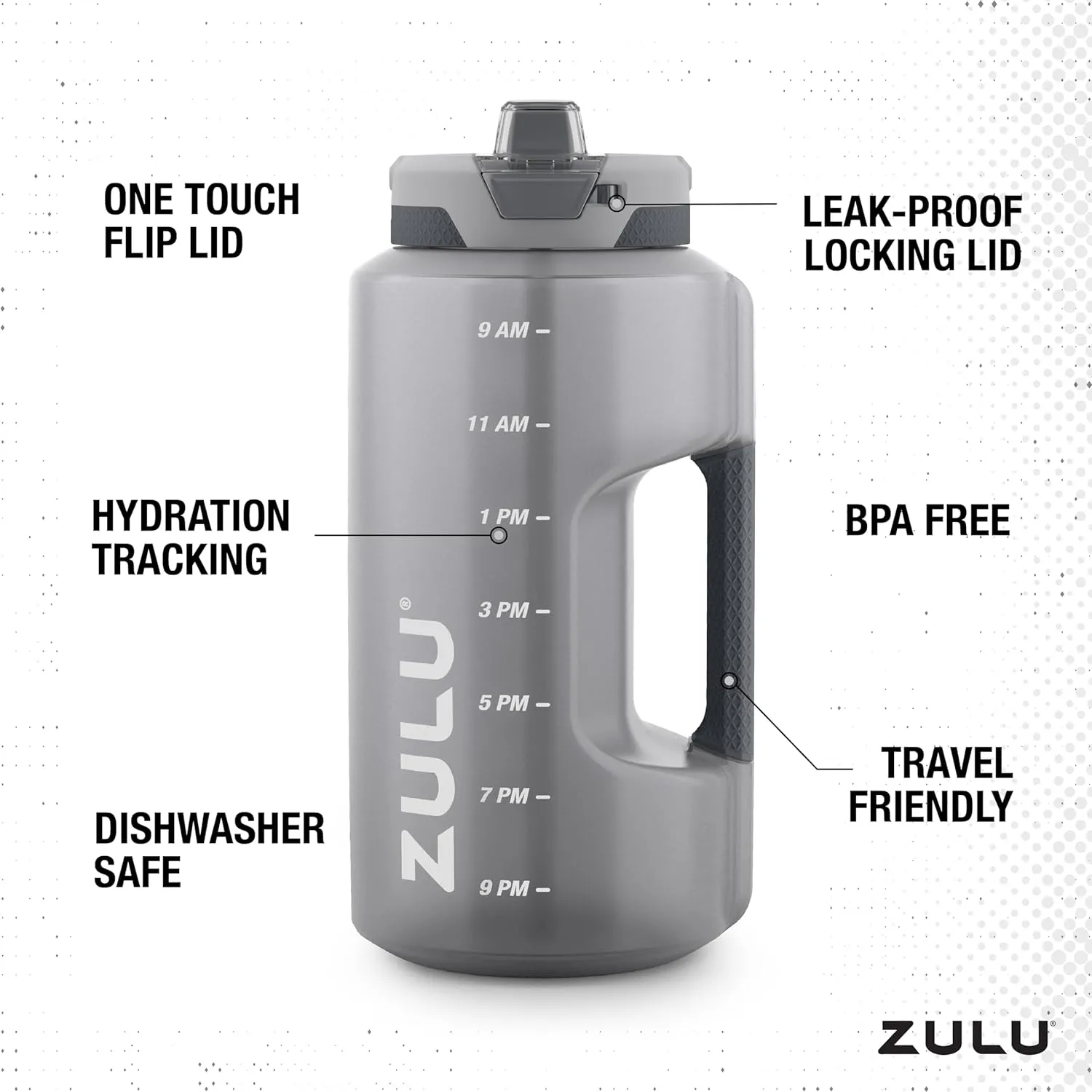 Zulu Goals Gallon 128oz Large Water Bottle Jug with Time Marker & Handle for All Day Hydration | Silicone Soft Straw with Locking Leak-Proof Lid | For Gym, Camping, Workout, and Outdoors | Grey